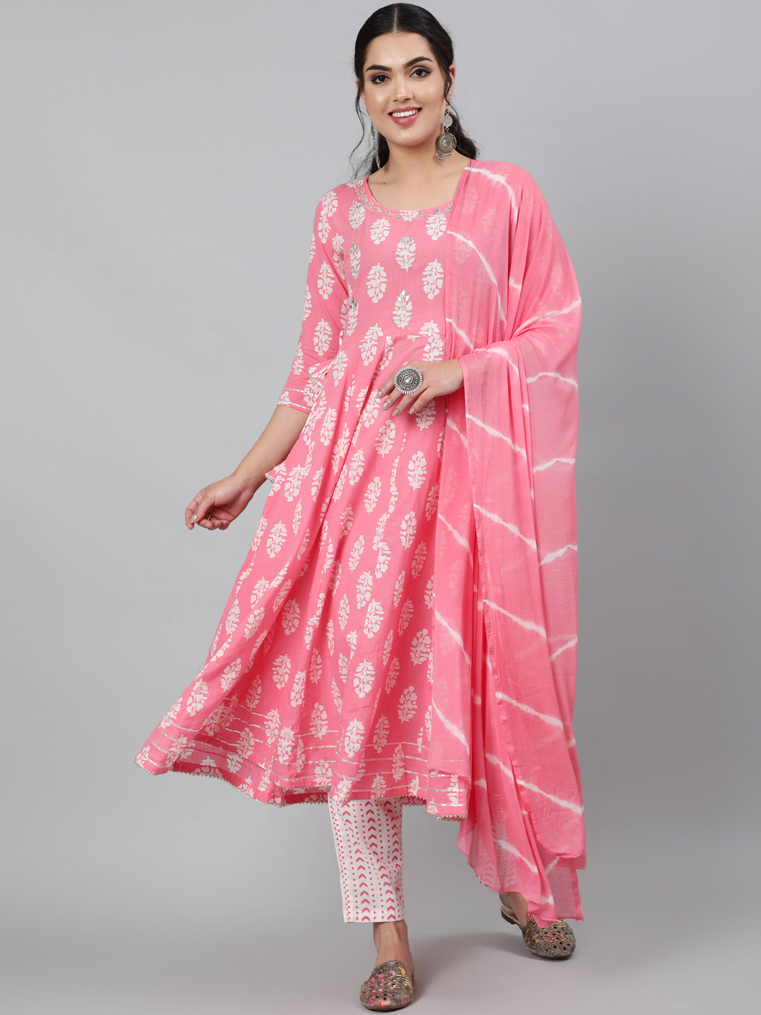 Cotton Embroidered 3/4 Sleeve Flared Round Neck Calf Length Kurta Set