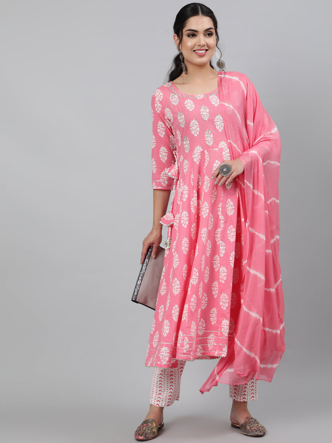Cotton Embroidered 3/4 Sleeve Flared Round Neck Calf Length Kurta Set