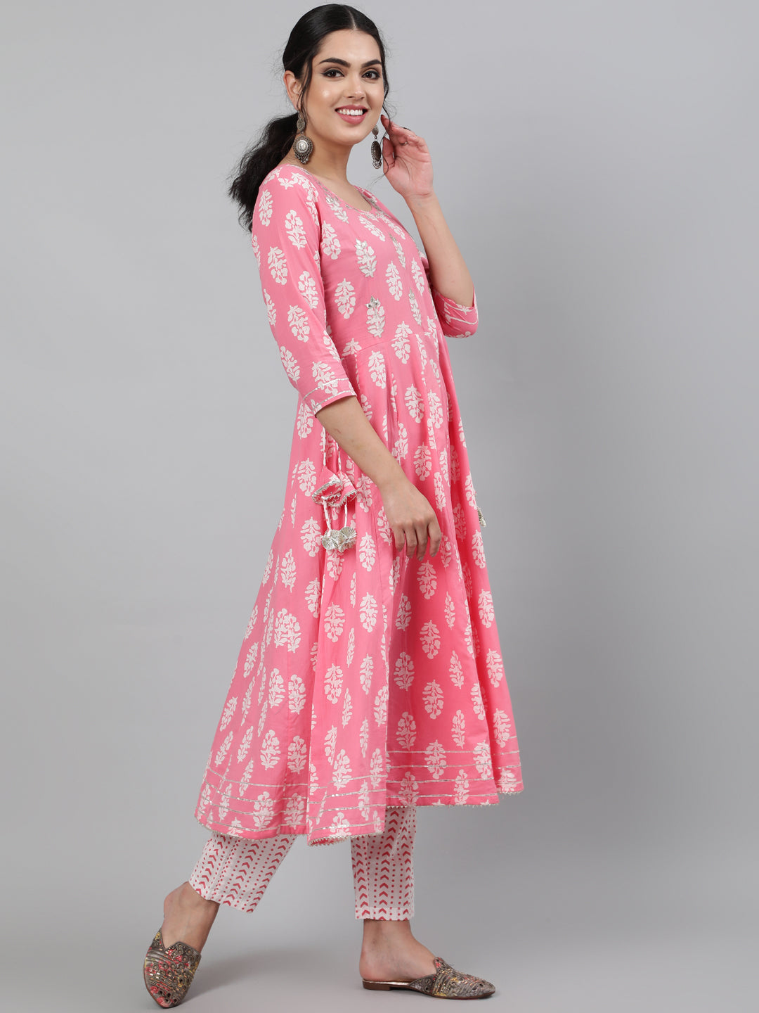 Cotton Embroidered 3/4 Sleeve Flared Round Neck Calf Length Kurta Set