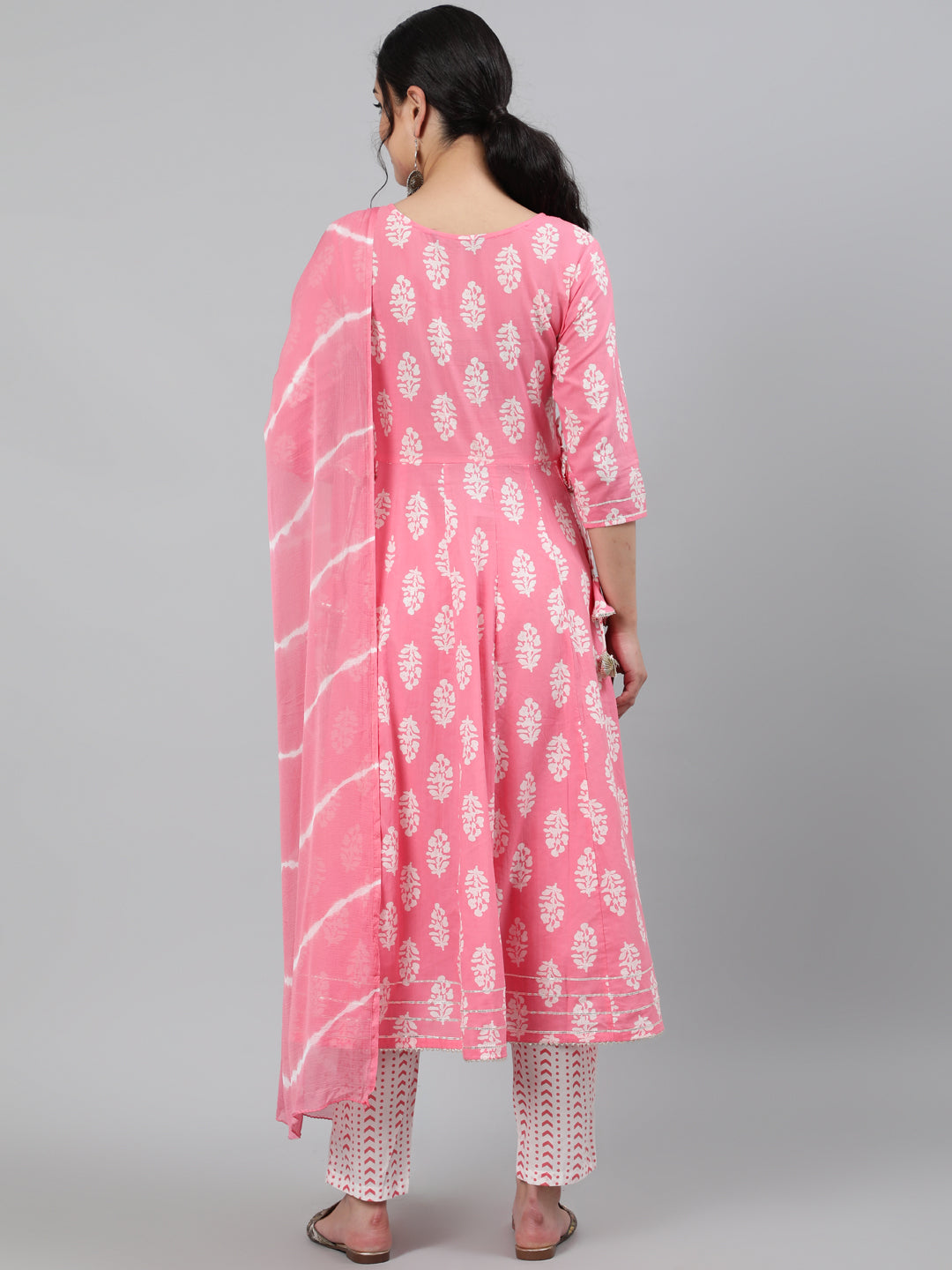 Cotton Embroidered 3/4 Sleeve Flared Round Neck Calf Length Kurta Set
