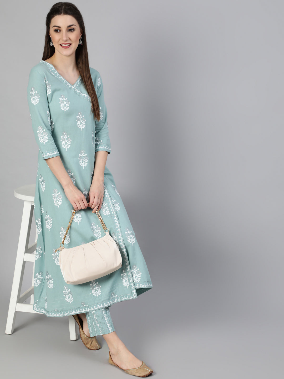 Rayon Slub Printed A-Line 3/4 Sleeve V- Neck Calf Length Kurta Set
