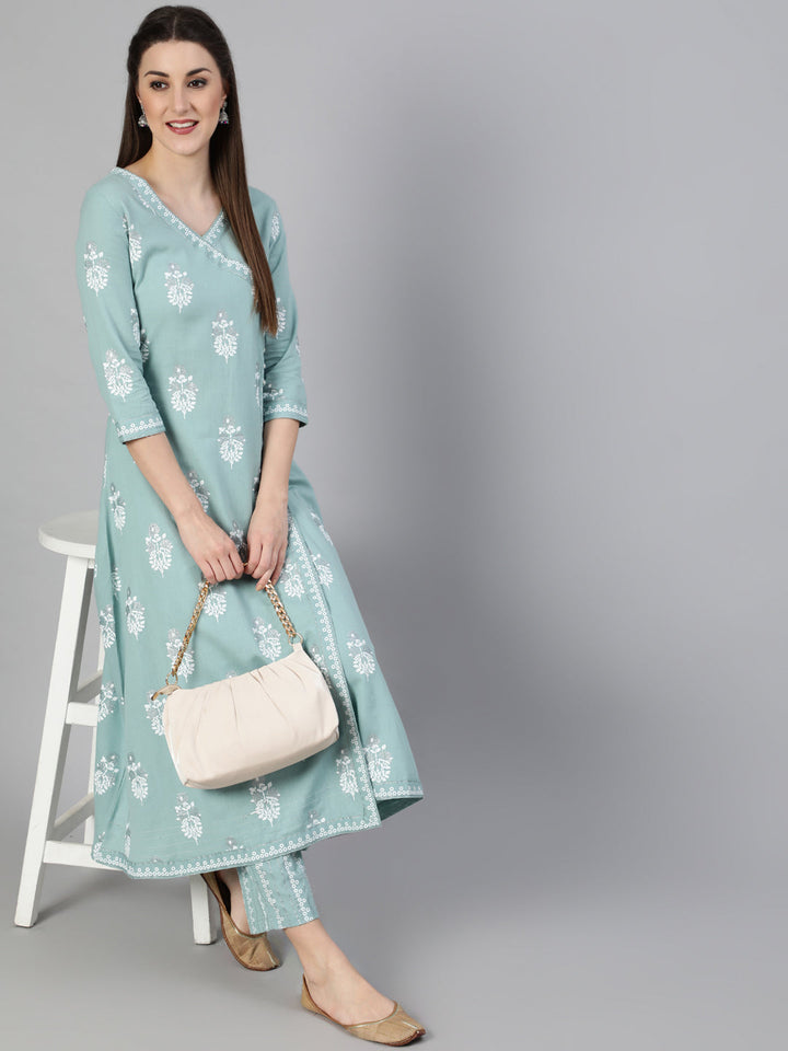 Rayon Slub Printed A-Line 3/4 Sleeve V- Neck Calf Length Kurta Set