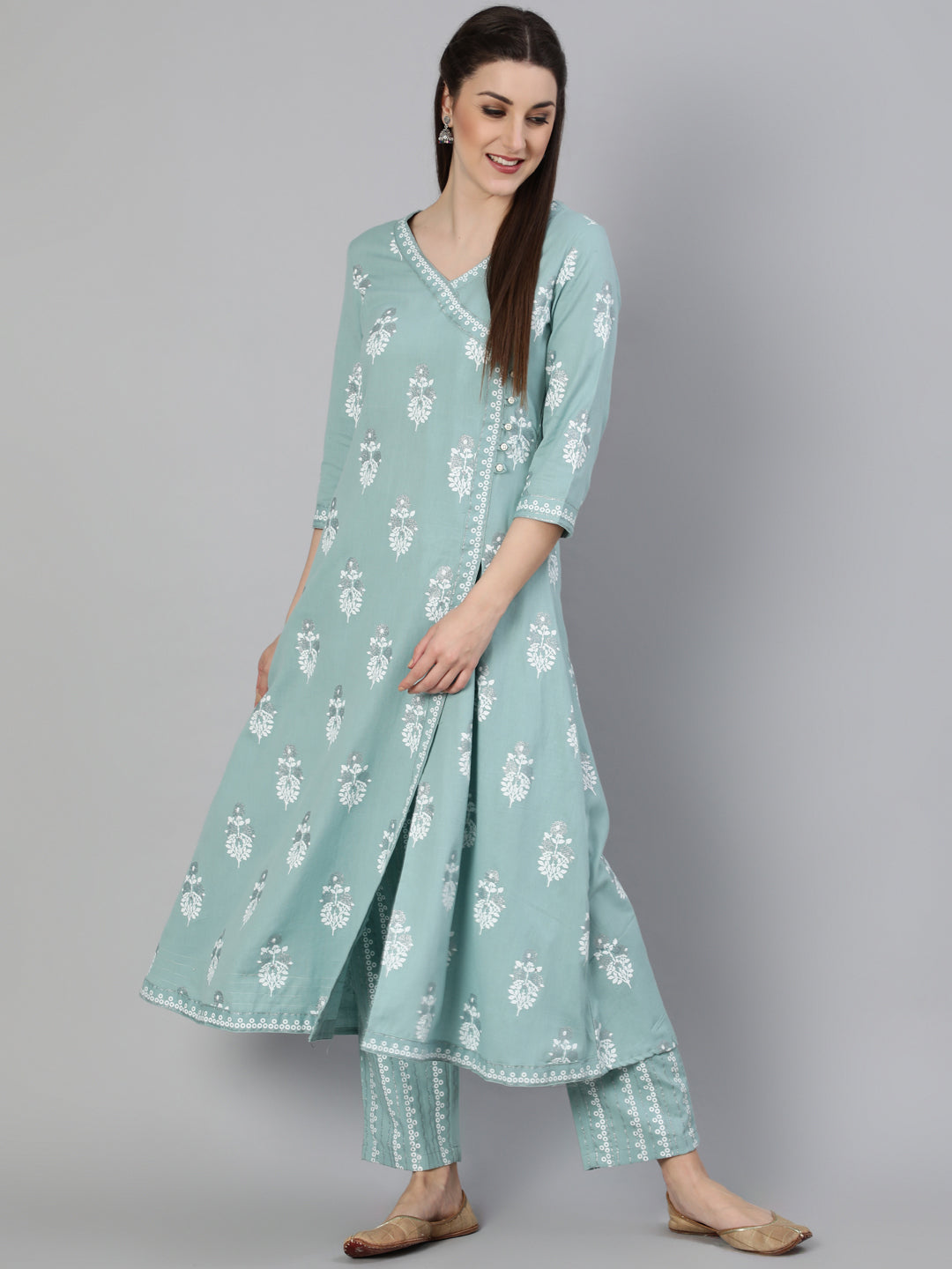 Rayon Slub Printed A-Line 3/4 Sleeve V- Neck Calf Length Kurta Set