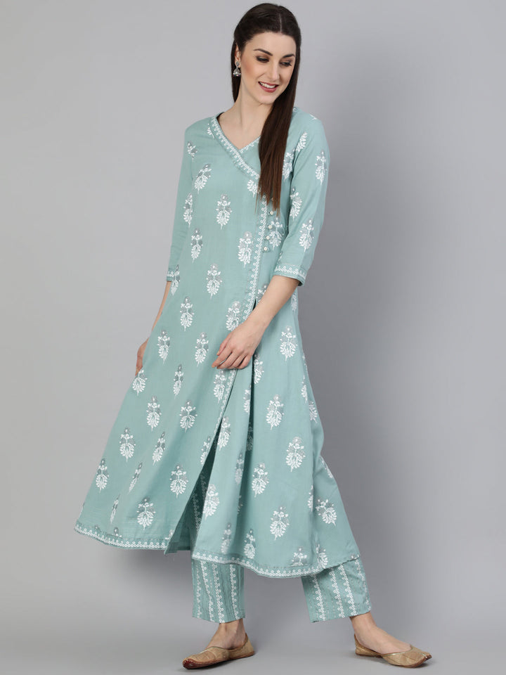 Rayon Slub Printed A-Line 3/4 Sleeve V- Neck Calf Length Kurta Set