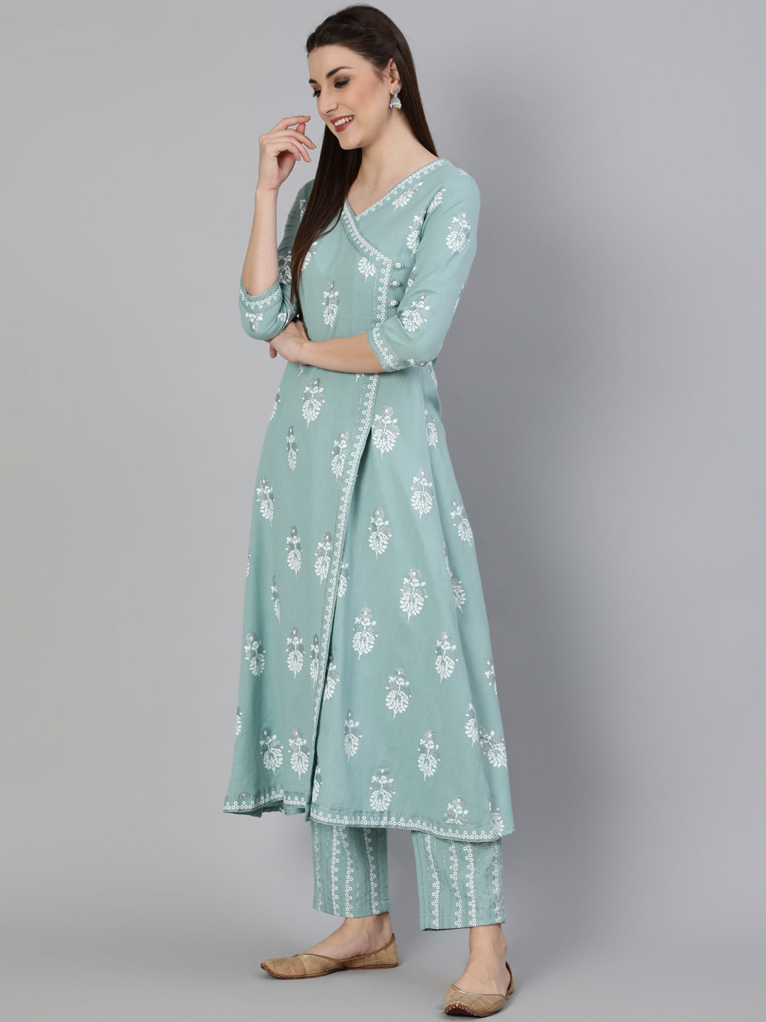 Rayon Slub Printed A-Line 3/4 Sleeve V- Neck Calf Length Kurta Set