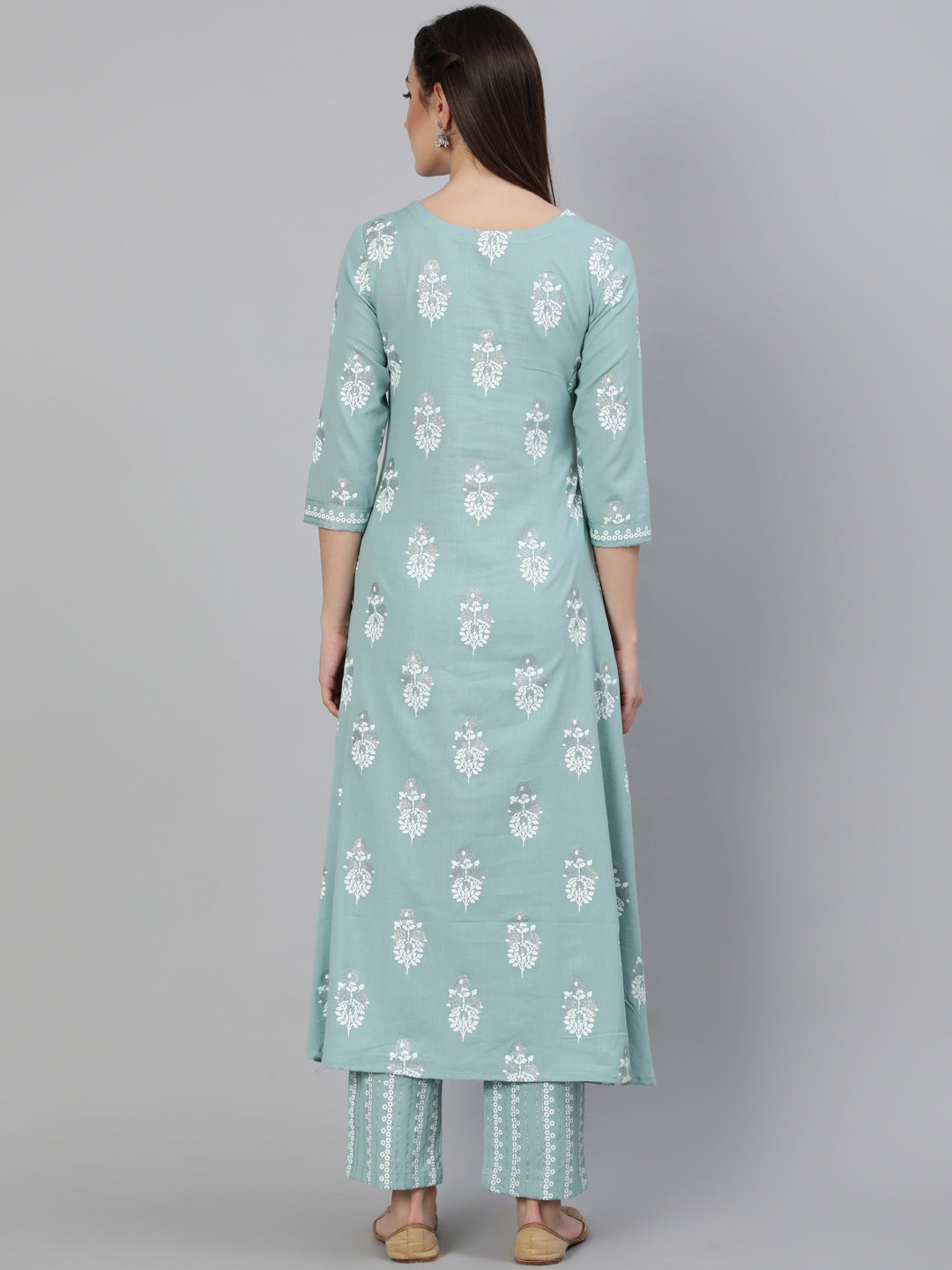 Rayon Slub Printed A-Line 3/4 Sleeve V- Neck Calf Length Kurta Set