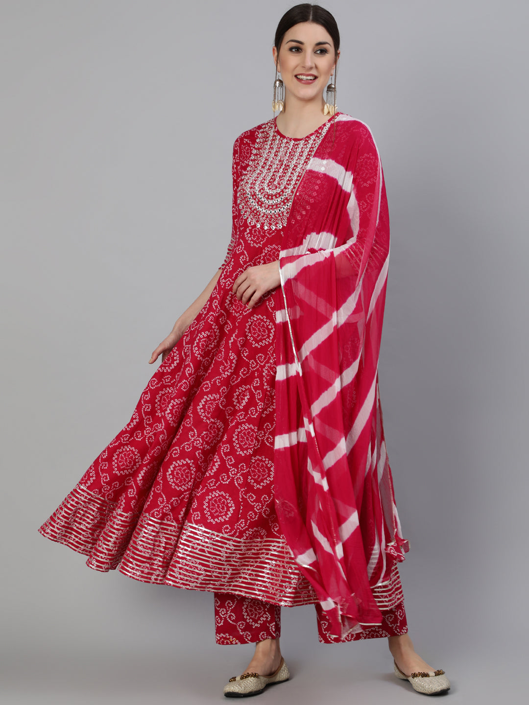 Cotton Mirror Work Anarkali 3/4 Sleeve Round Neck Calf Length Kurta Set