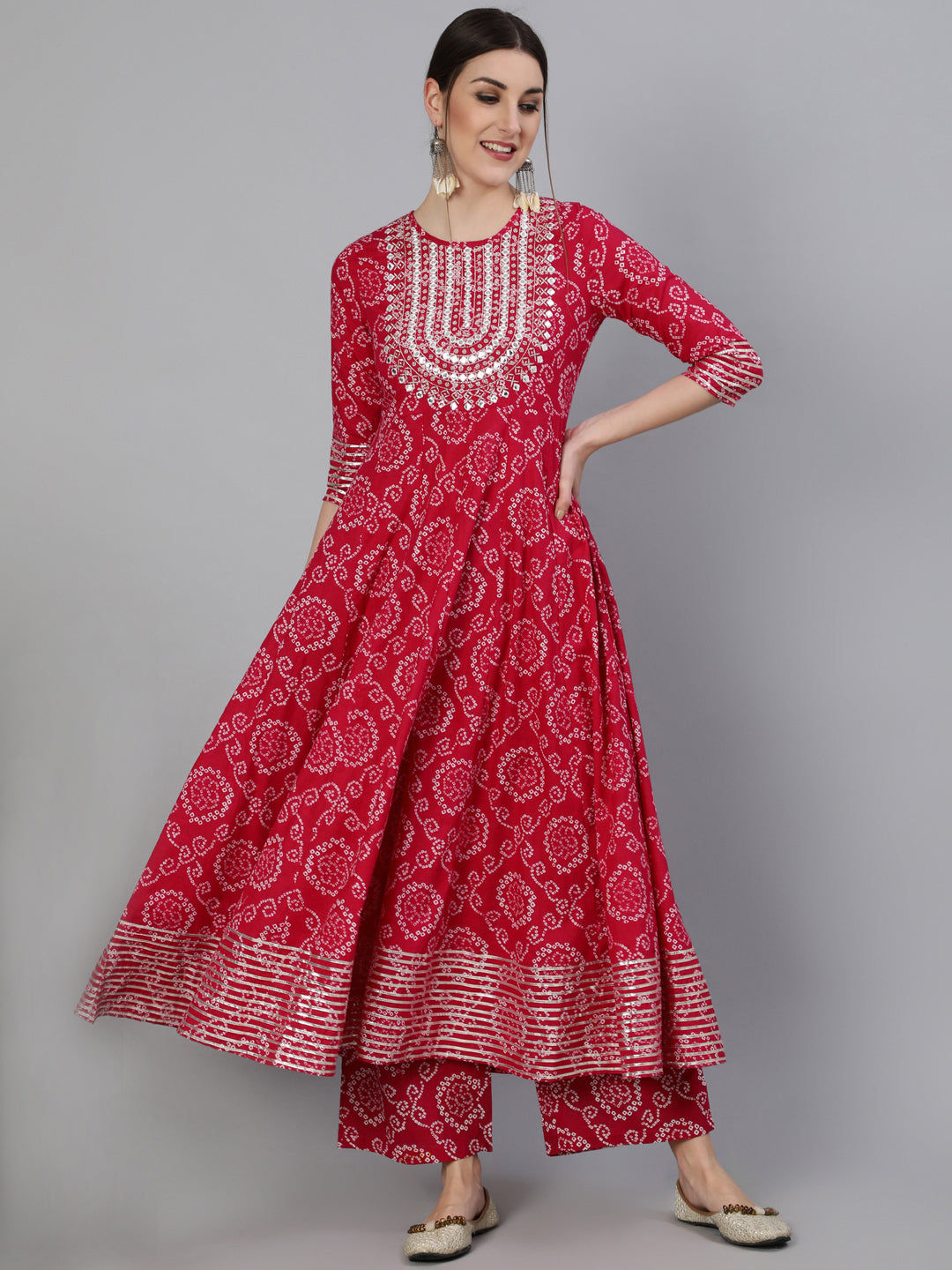 Cotton Mirror Work Anarkali 3/4 Sleeve Round Neck Calf Length Kurta Set
