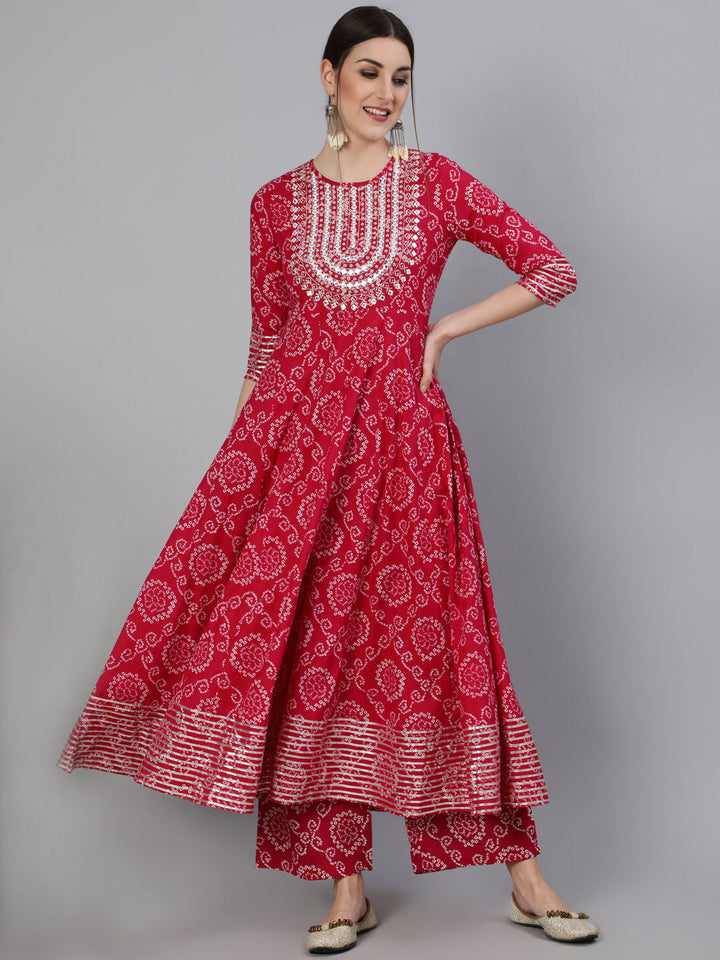 Cotton Mirror Work Anarkali 3/4 Sleeve Round Neck Calf Length Kurta Set
