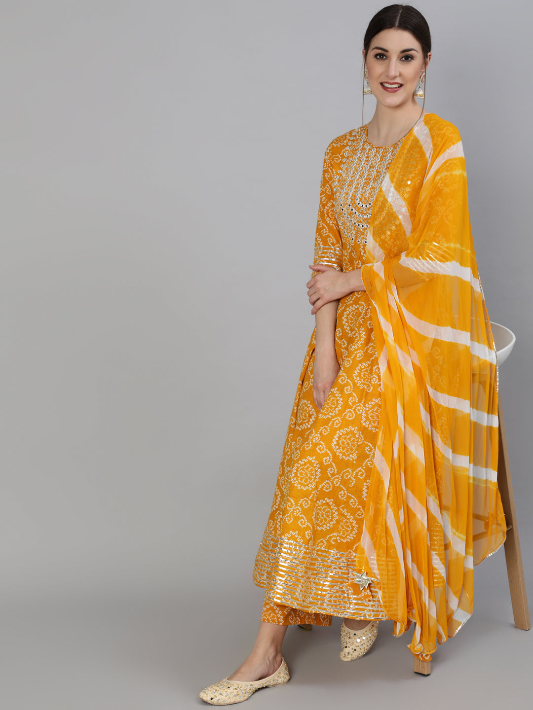 Rayon Mirror Work Anarkali 3/4 Sleeve Round Neck Calf Length Kurta Set