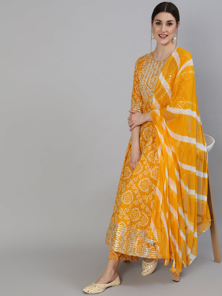 Rayon Mirror Work Anarkali 3/4 Sleeve Round Neck Calf Length Kurta Set