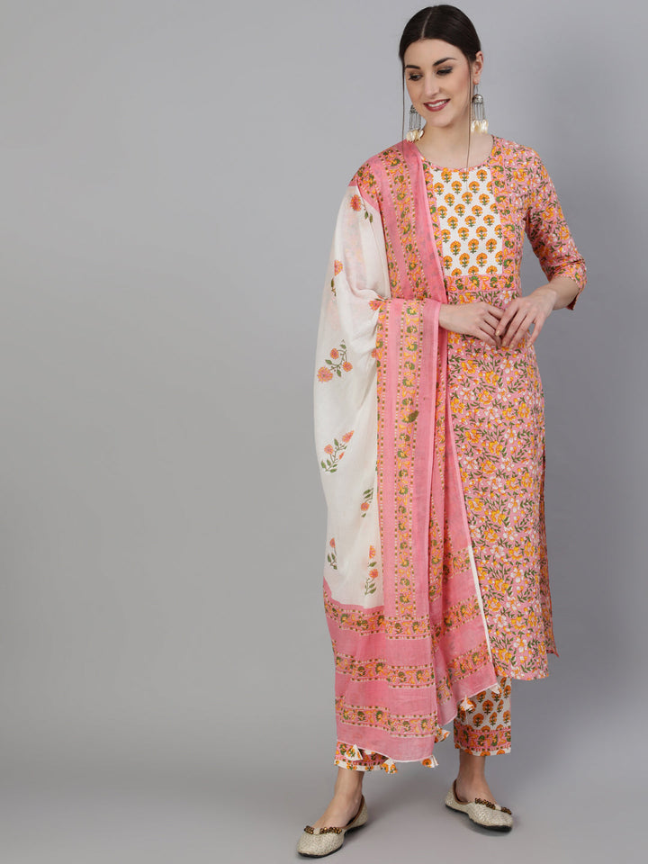 Cotton Printed Straight 3/4 Sleeve Round Neck Calf Length Kurta Set