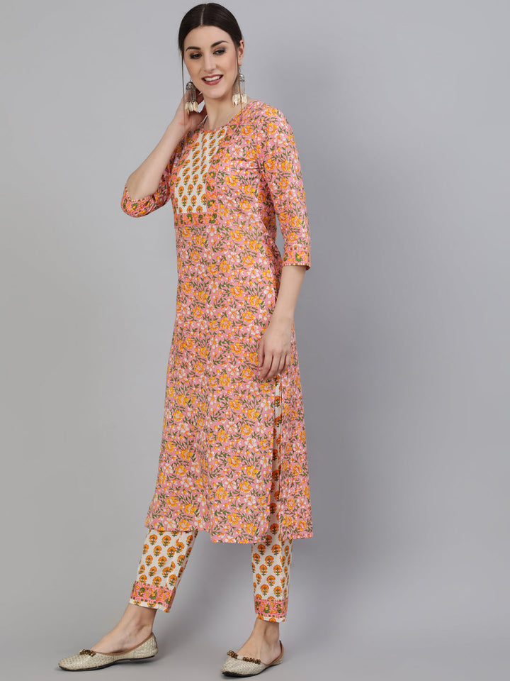 Cotton Printed Straight 3/4 Sleeve Round Neck Calf Length Kurta Set