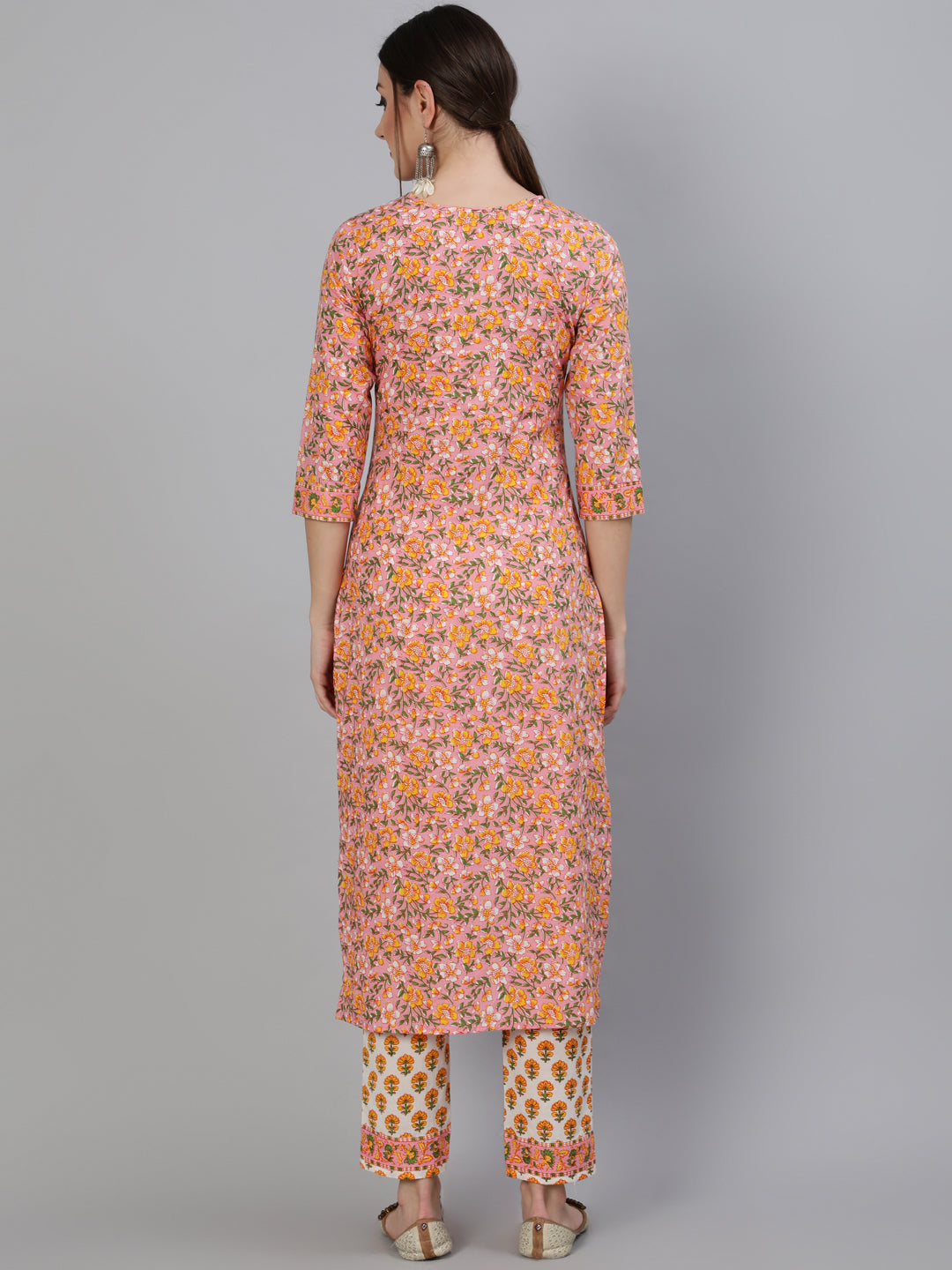 Cotton Printed Straight 3/4 Sleeve Round Neck Calf Length Kurta Set