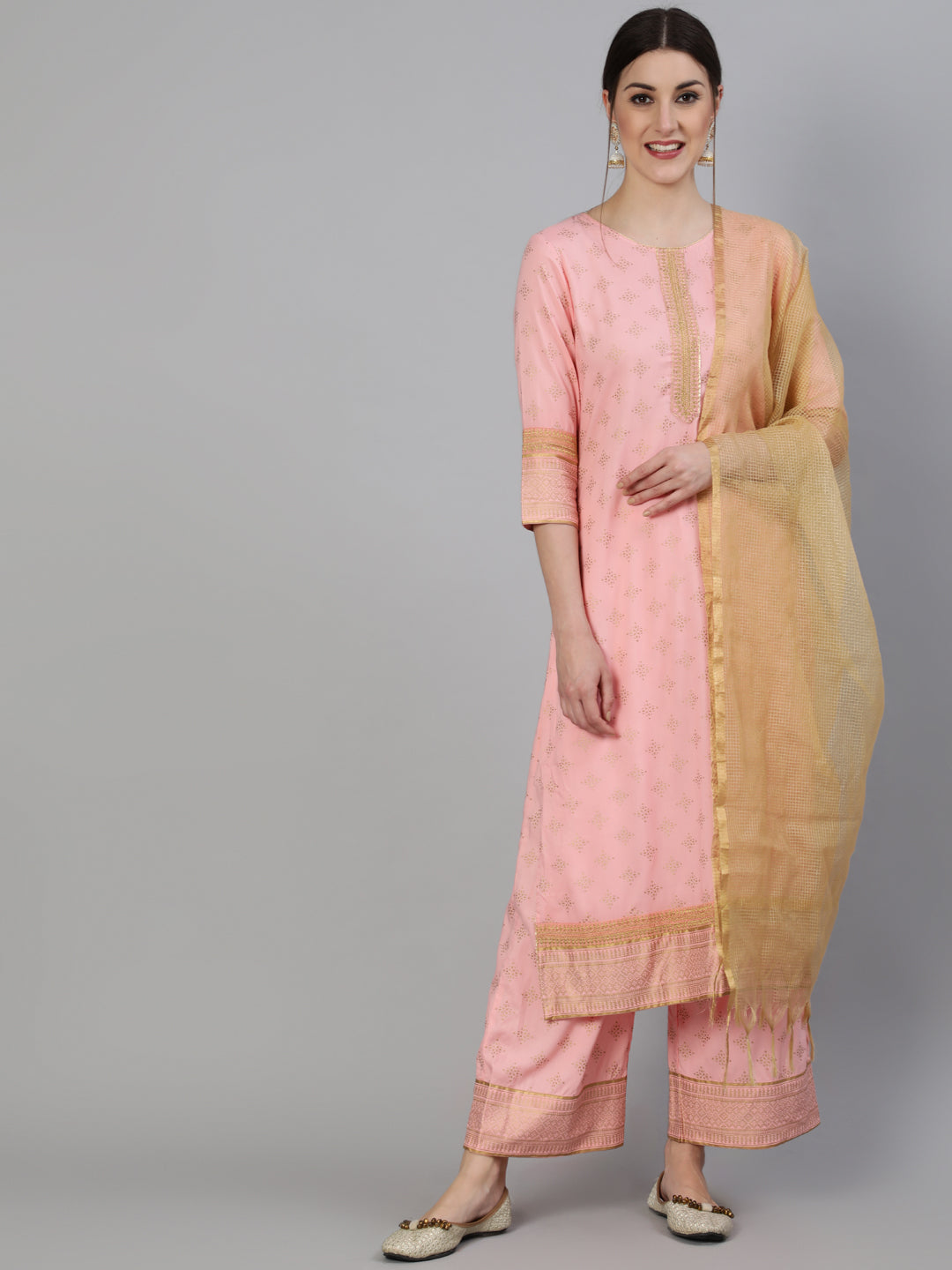 Rayon Zari Work Straight 3/4 Sleeve Round Neck Calf Length Kurta Set