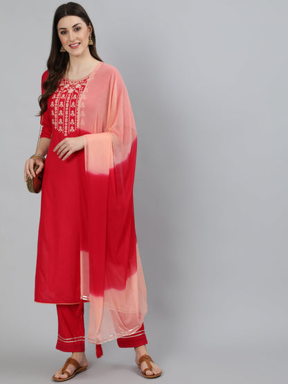 Rayon Slub Embroidered Straight 3/4 Sleeve Round Neck Calf Length Kurta Set