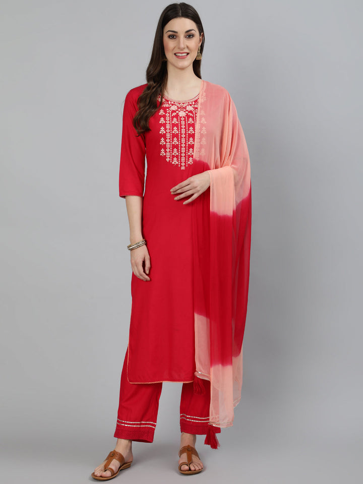 Rayon Slub Embroidered Straight 3/4 Sleeve Round Neck Calf Length Kurta Set