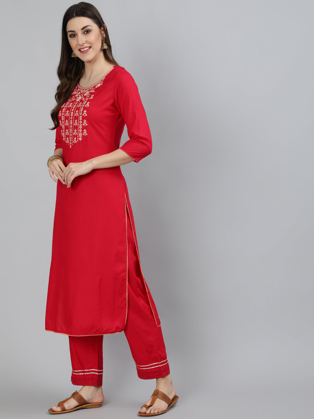 Rayon Slub Embroidered Straight 3/4 Sleeve Round Neck Calf Length Kurta Set