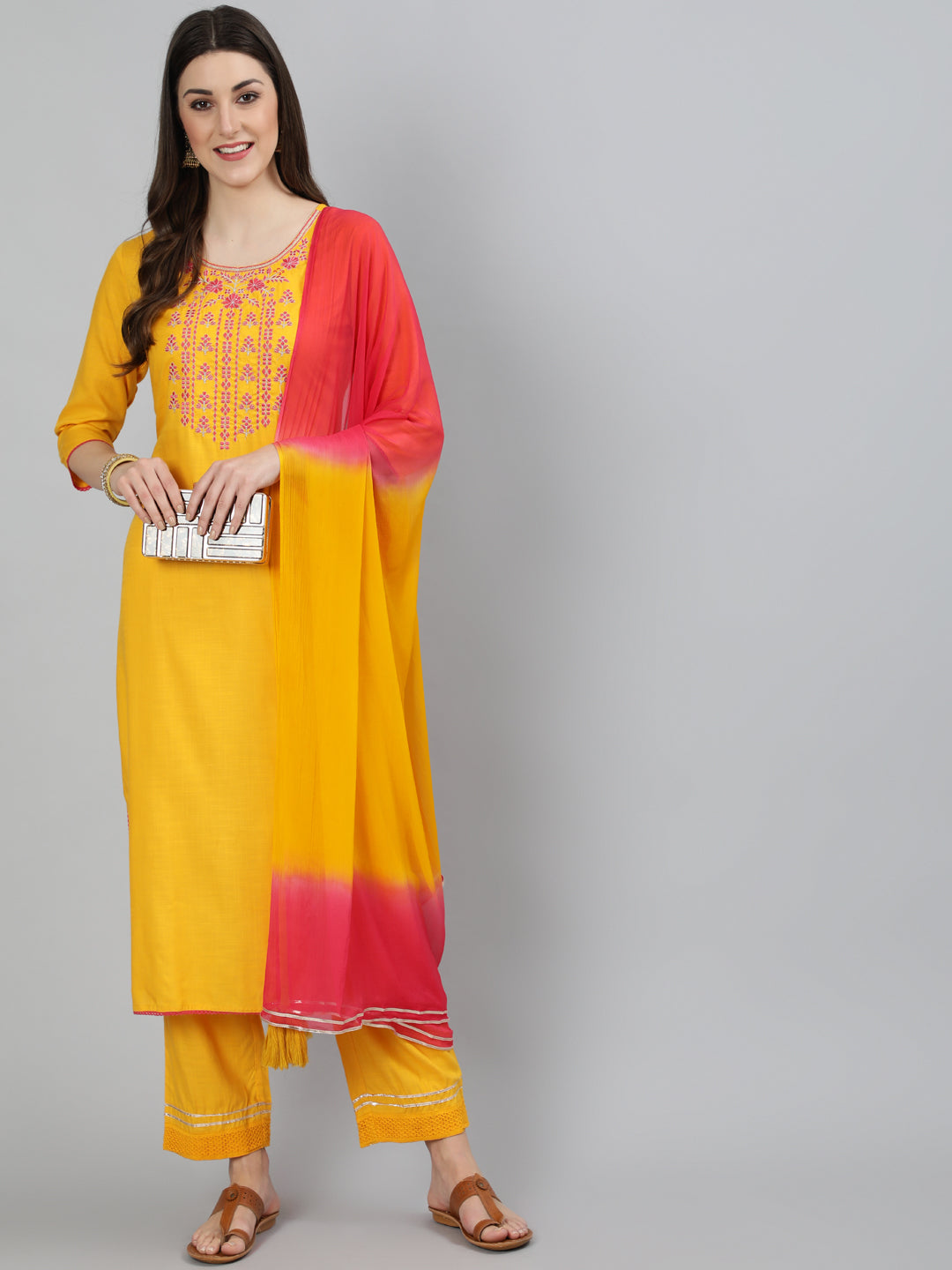 Rayon Embroidered Straight 3/4 Sleeve Round Neck Calf Length Kurta Set