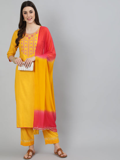 Rayon Embroidered Straight 3/4 Sleeve Round Neck Calf Length Kurta Set