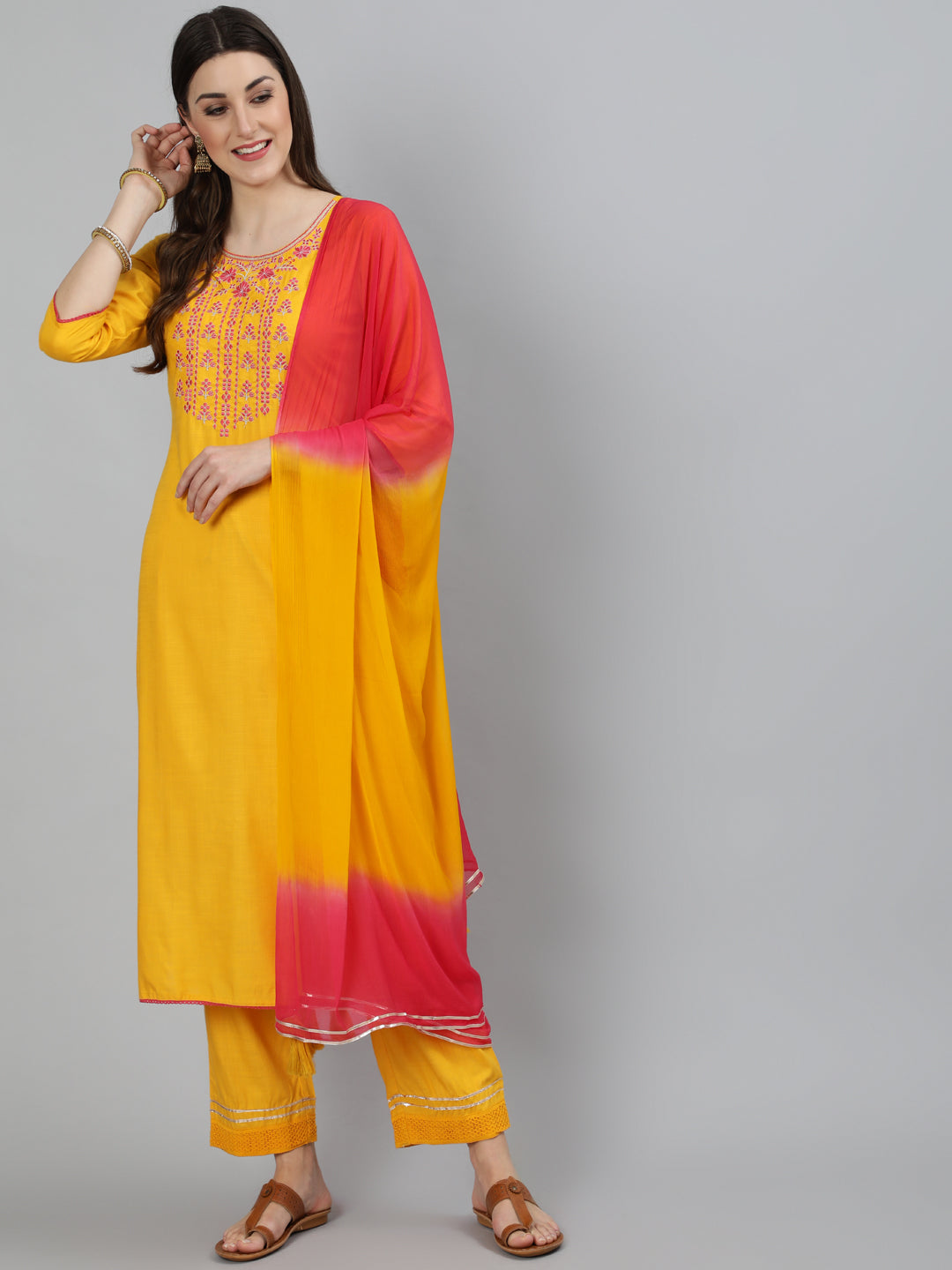 Rayon Embroidered Straight 3/4 Sleeve Round Neck Calf Length Kurta Set