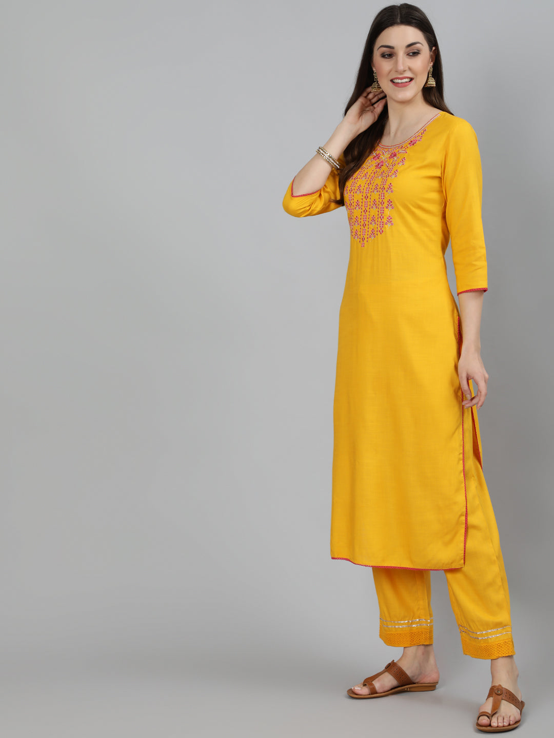 Rayon Embroidered Straight 3/4 Sleeve Round Neck Calf Length Kurta Set
