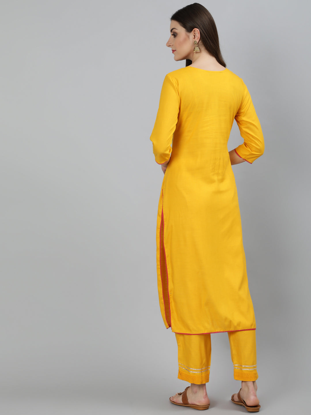 Rayon Embroidered Straight 3/4 Sleeve Round Neck Calf Length Kurta Set