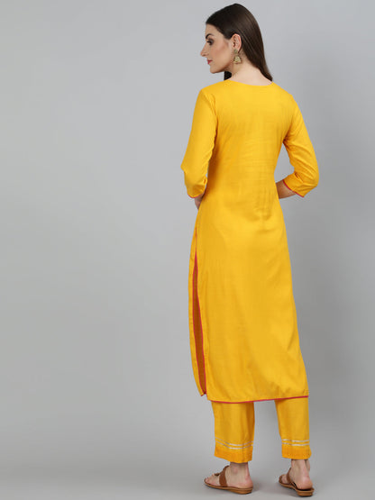 Rayon Embroidered Straight 3/4 Sleeve Round Neck Calf Length Kurta Set