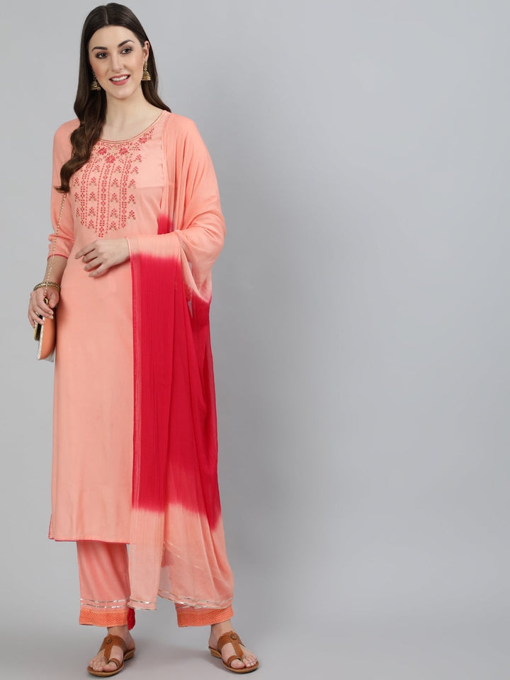 Rayon Slub Embroidered Straight 3/4 Sleeve Round Neck Calf Length Kurta Set