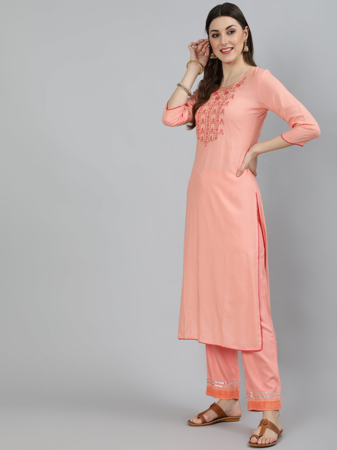 Rayon Slub Embroidered Straight 3/4 Sleeve Round Neck Calf Length Kurta Set