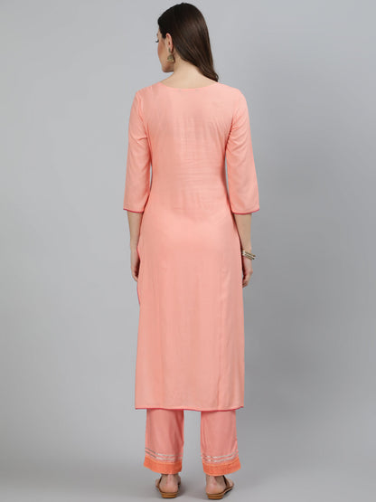 Rayon Slub Embroidered Straight 3/4 Sleeve Round Neck Calf Length Kurta Set