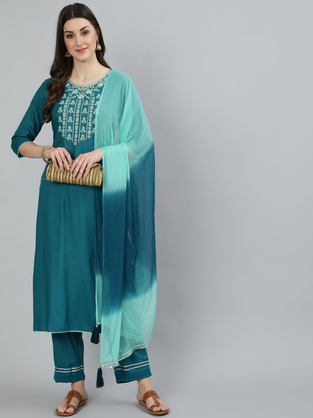 Rayon Embroidered Straight 3/4 Sleeve Round Neck Calf Length Kurta Set