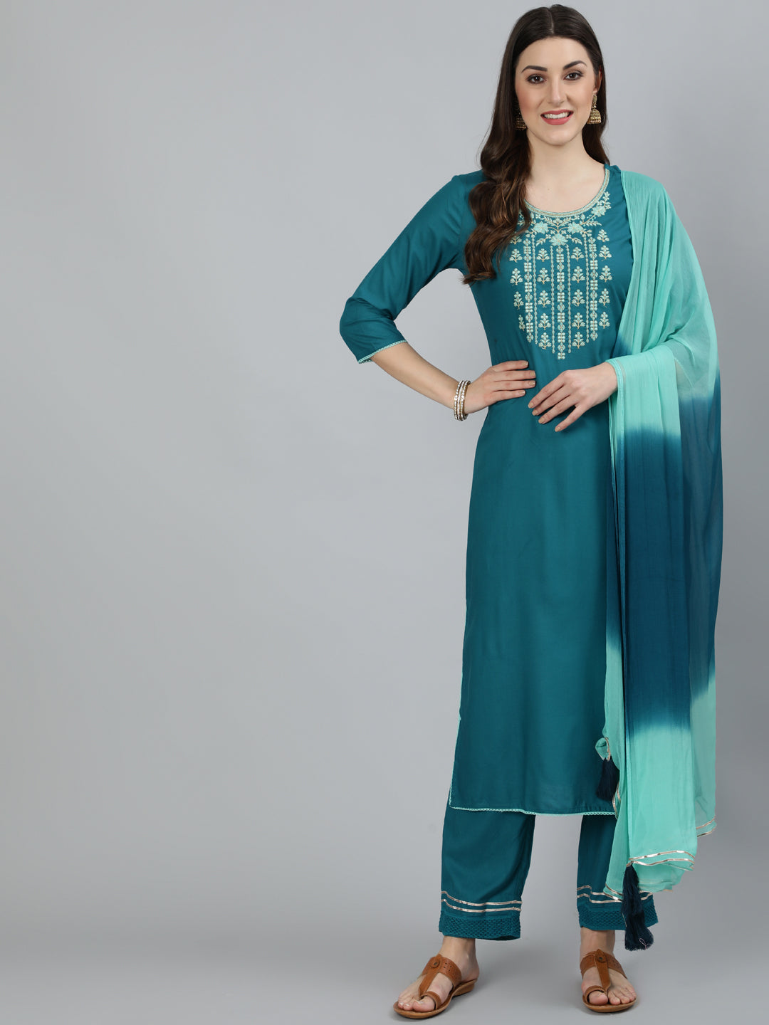 Rayon Embroidered Straight 3/4 Sleeve Round Neck Calf Length Kurta Set