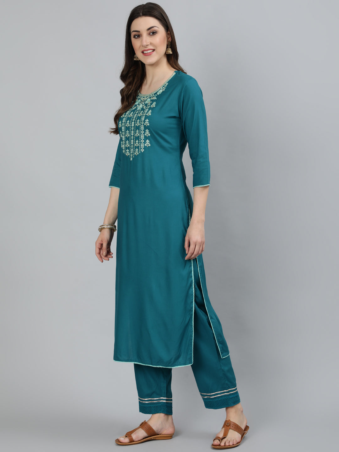 Rayon Embroidered Straight 3/4 Sleeve Round Neck Calf Length Kurta Set