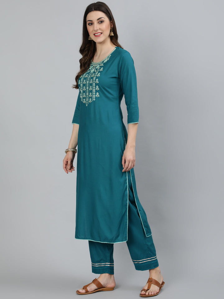 Rayon Embroidered Straight 3/4 Sleeve Round Neck Calf Length Kurta Set