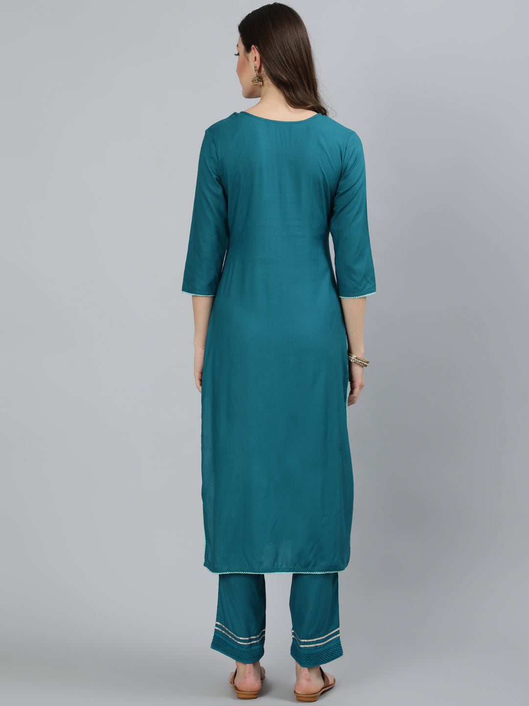 Rayon Embroidered Straight 3/4 Sleeve Round Neck Calf Length Kurta Set