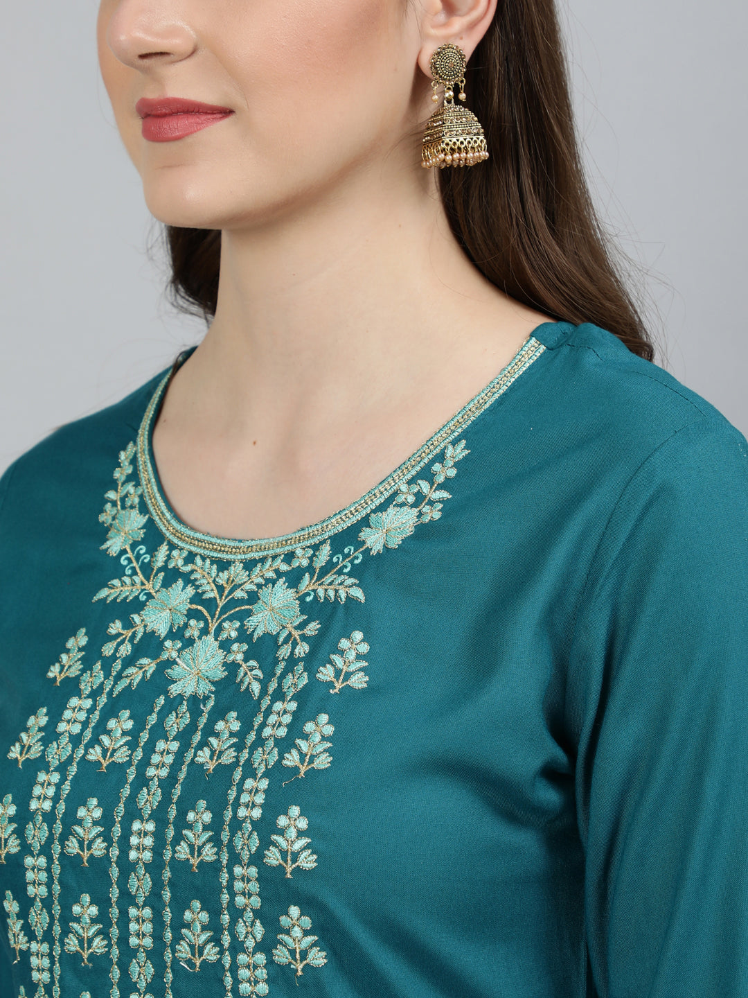 Rayon Embroidered Straight 3/4 Sleeve Round Neck Calf Length Kurta Set