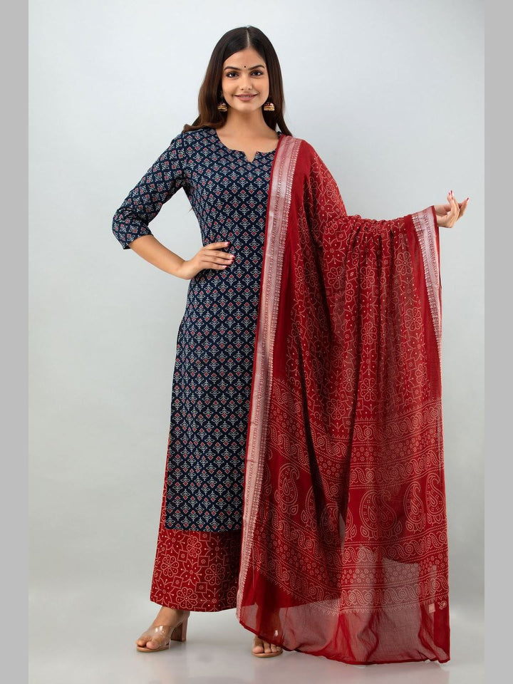 Cotton Printed 3/4 Sleeve Straight Round Neck Calf Length Kurta Set
