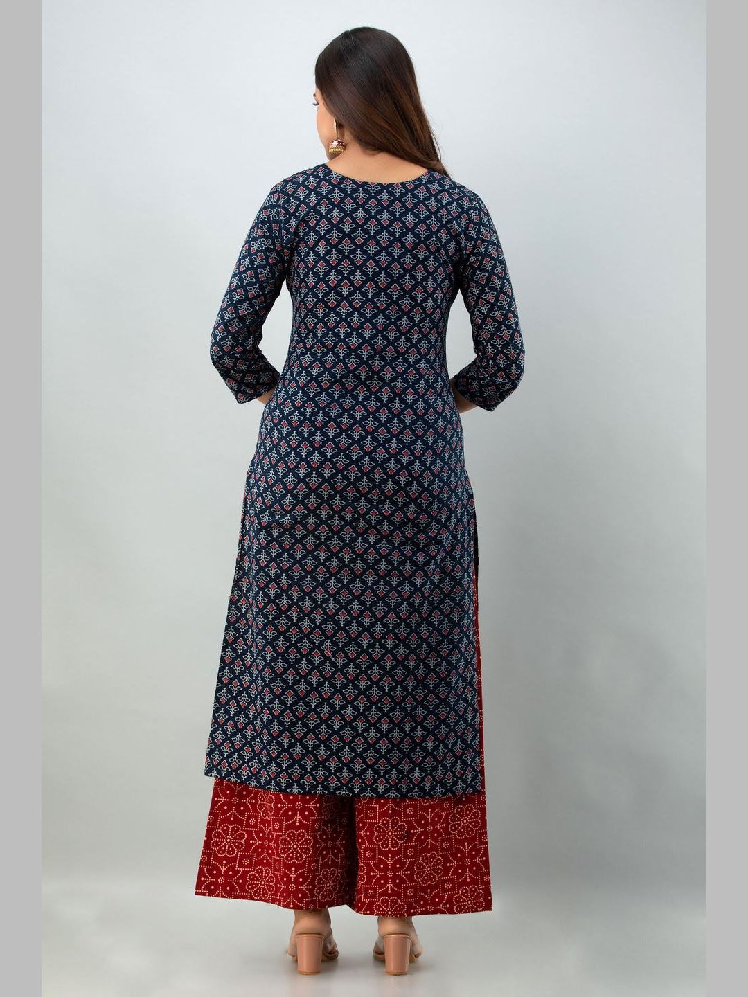 Cotton Printed 3/4 Sleeve Straight Round Neck Calf Length Kurta Set