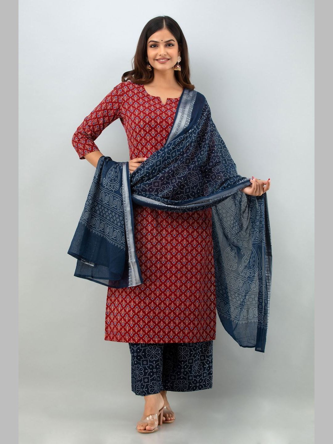 Cotton Printed 3/4 Sleeve Straight Round Neck Calf Length Kurta Set