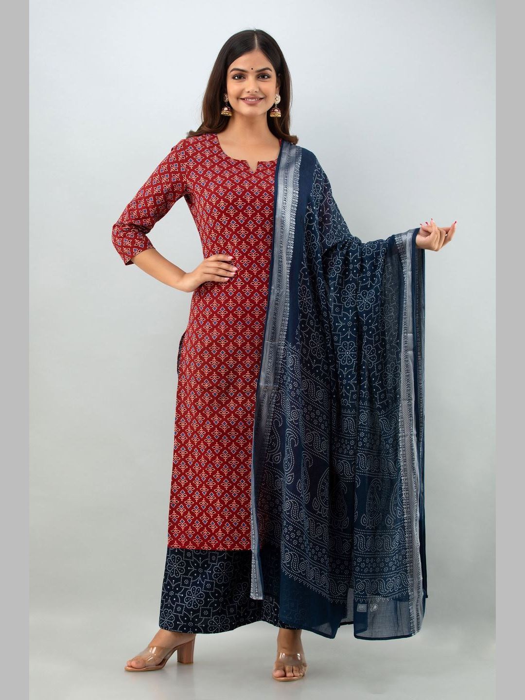 Cotton Printed 3/4 Sleeve Straight Round Neck Calf Length Kurta Set