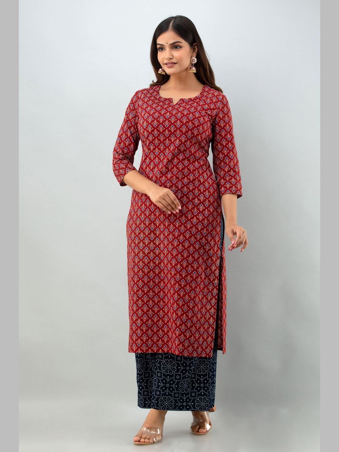 Cotton Printed 3/4 Sleeve Straight Round Neck Calf Length Kurta Set