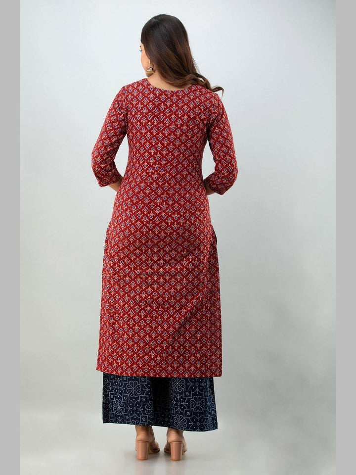 Cotton Printed 3/4 Sleeve Straight Round Neck Calf Length Kurta Set