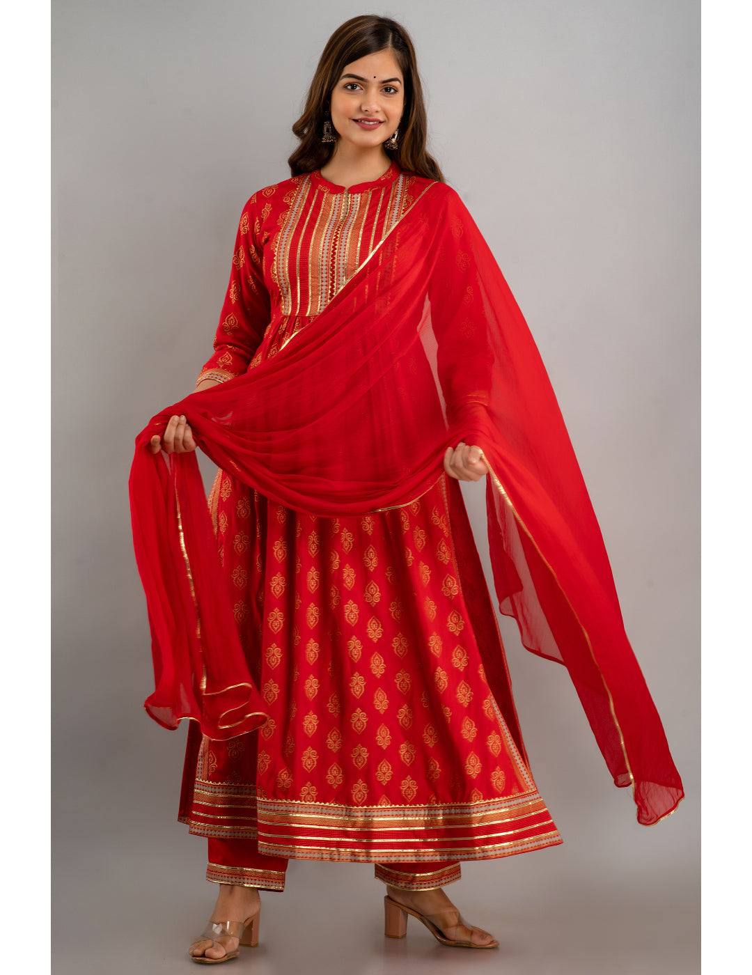 Rayon Embroidered 3/4 Sleeve Flared Round Neck Calf Length Kurta Set