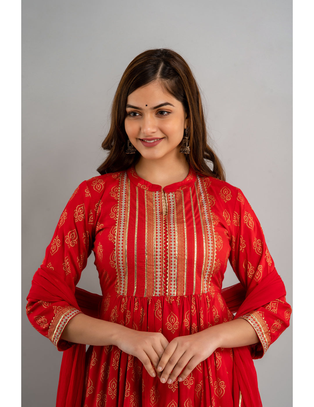 Rayon Embroidered 3/4 Sleeve Flared Round Neck Calf Length Kurta Set