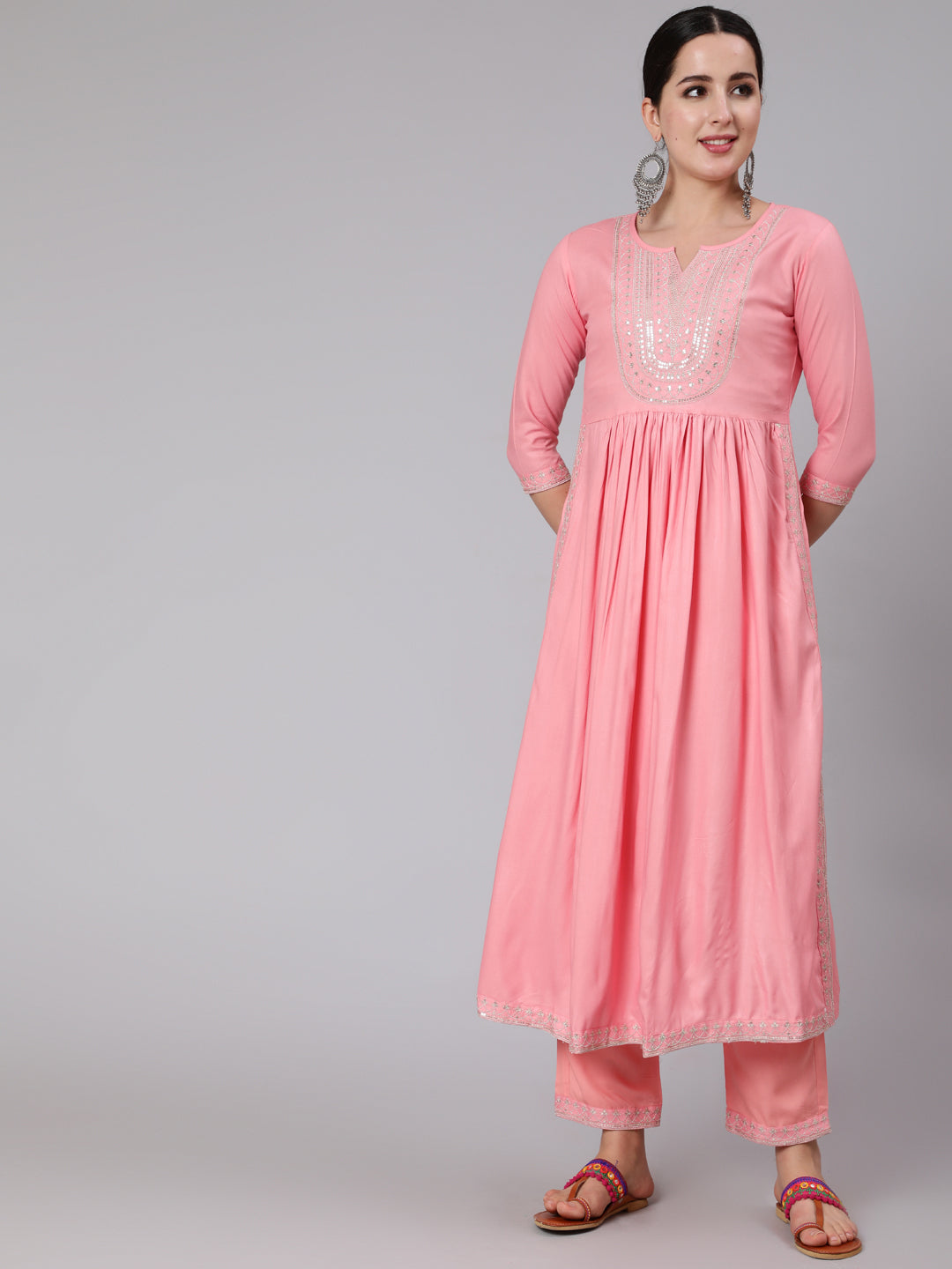 Rayon Calf Length Embroidered Flared 3/4 Sleeve Round Neck Kurta Set