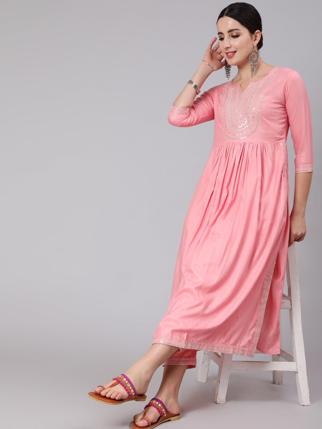 Rayon Calf Length Embroidered Flared 3/4 Sleeve Round Neck Kurta Set