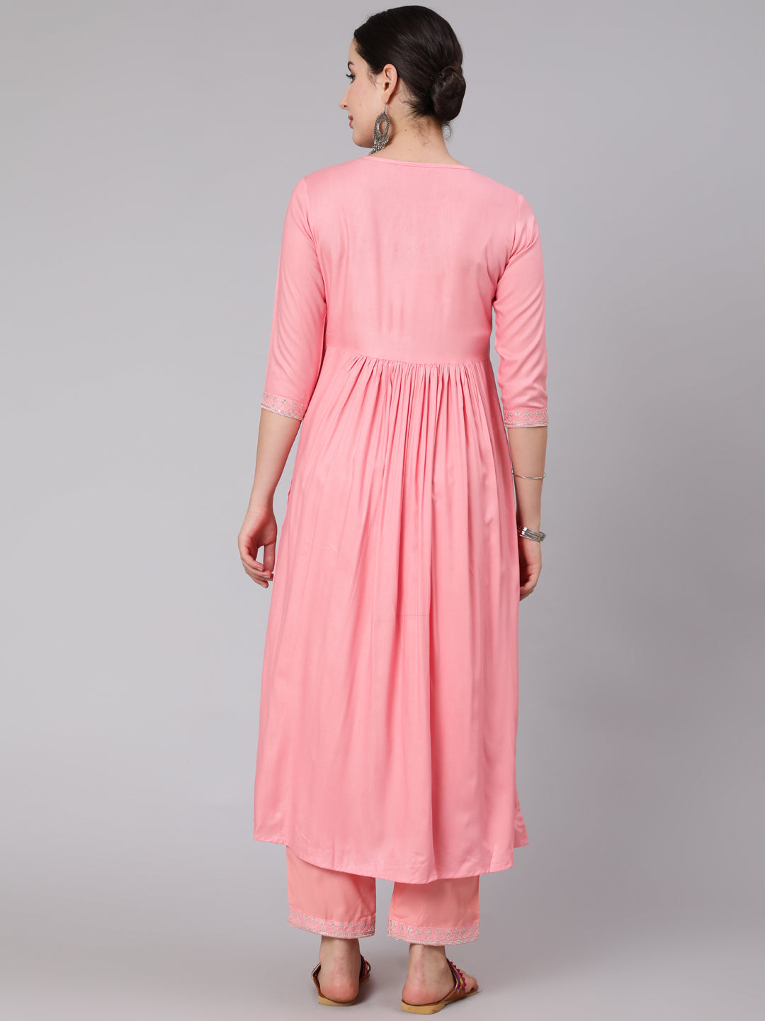 Rayon Calf Length Embroidered Flared 3/4 Sleeve Round Neck Kurta Set