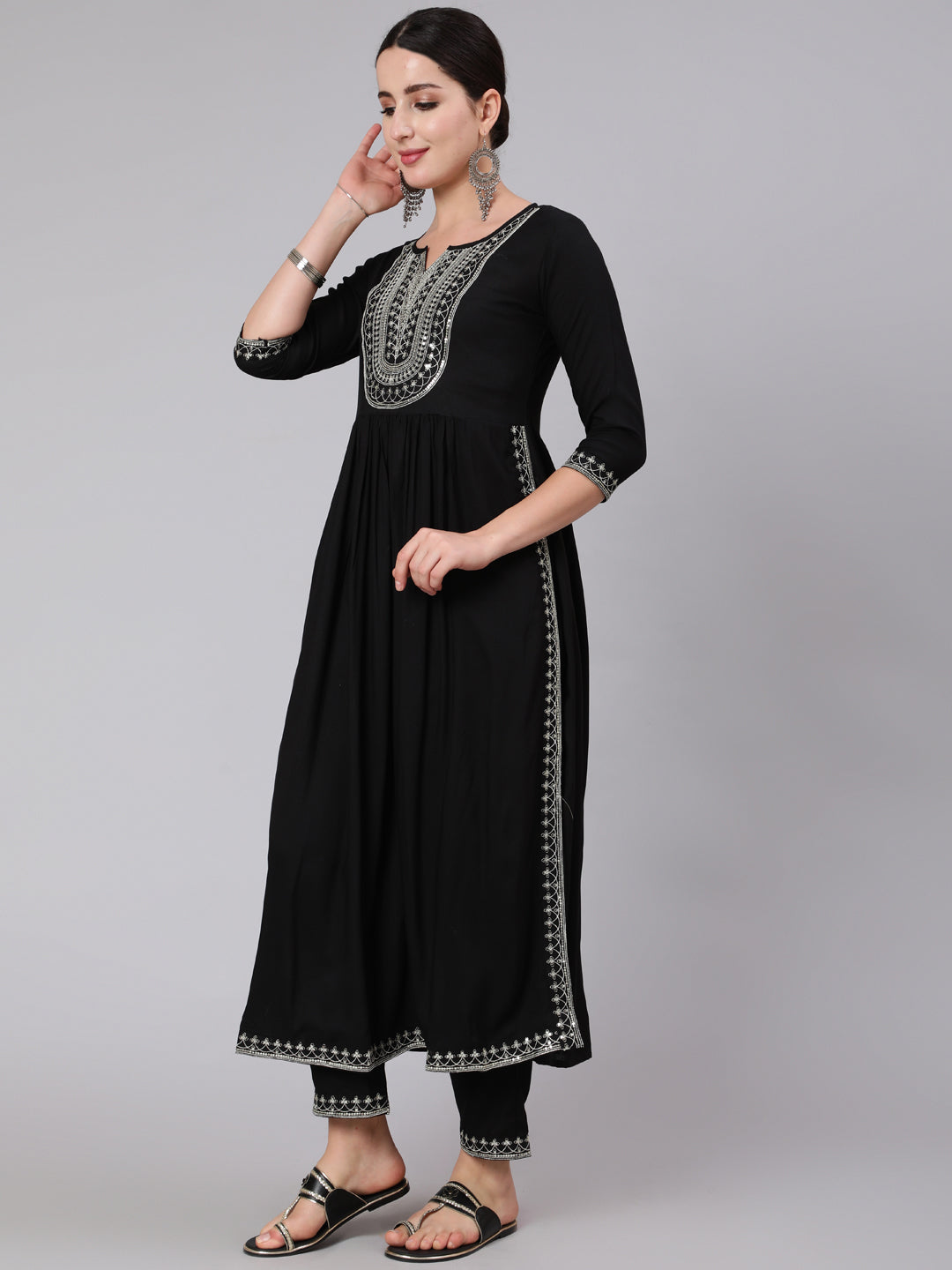 Rayon Calf Length Embroidered Flared 3/4 Sleeve Round Neck Kurta Set