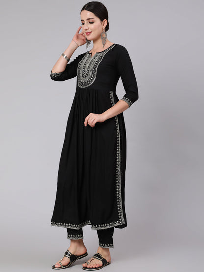 Rayon Calf Length Embroidered Flared 3/4 Sleeve Round Neck Kurta Set